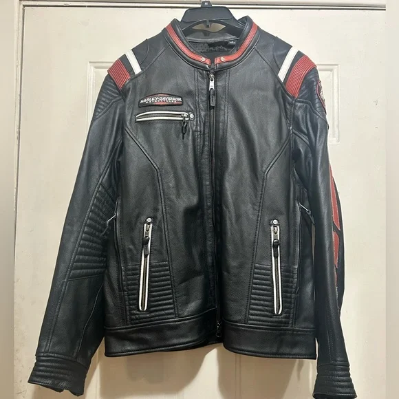Harley-Davidson Black Leather Jacket with Red and White Accents